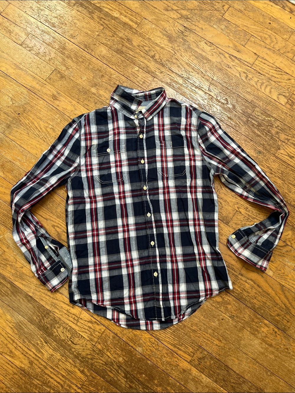 Cotton Plaid Button-Up Shirt in Navy, White & Burgundy